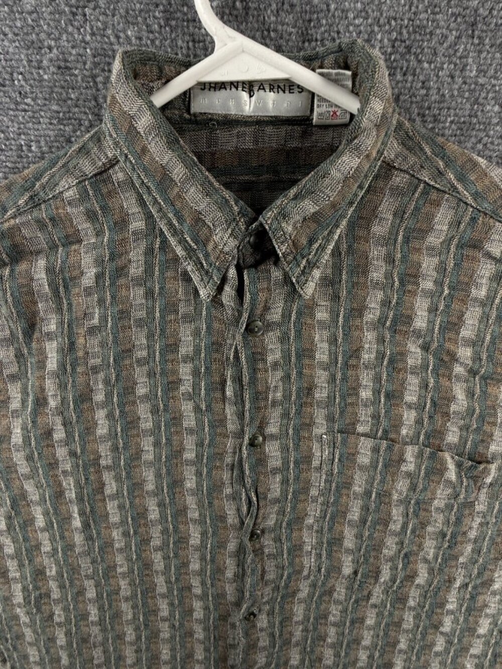 VTG Jhane Barnes Woven Green Striped Button Up Shirt Long Sleeve Large Cotton